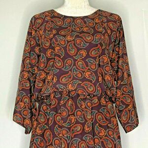 Vintage Midi A Line Dress M Brown Paisley Brown Orange Modest Pockets